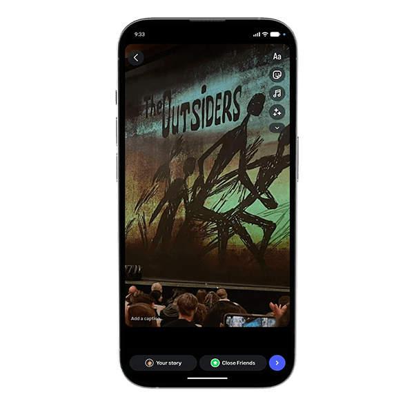 Phone screen with Instagram open, displaying a story of someone at The Outsiders.